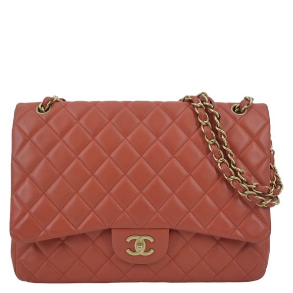 CHANEL Classic Maxi Single Flap Quilted Leather Shoulder Bag Red - Picture 1 of 14